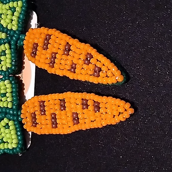 Easter beaded Earrings hypoallergenic carrots green & orange 3 x 1 inch - Picture 2 of 4